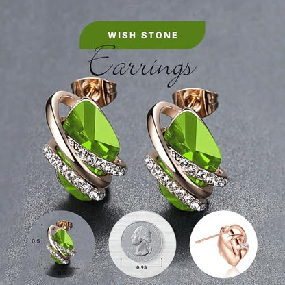 Gifts for Women, Wish Stone Stud Earrings with Birthstone Crystals, 18K Rose Gold Plated or Silver-tone - color: 108-August Birthstone-Peridot Green-Rose Gold Plated