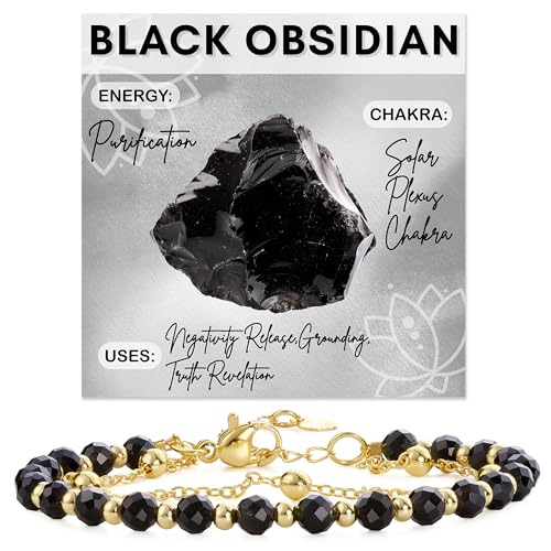 Farfume Crystal Beaded Bracelets for Women 4mm Natural Stone Jewelry Gifts | Natural Beads Gemstone,Handmade,Helper Tool,Yoga Protection,Hypoallergenic,Durability Wear - color: Black Obsidian-Purification