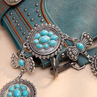 Montana West Rustic Couture's Turquoise Western Concho Chain Belt for Women | Large Western Cowgirl Metal Adjustable Boho Body Chain Belt for Dresses Jeans Country Concert - color: Turquoise