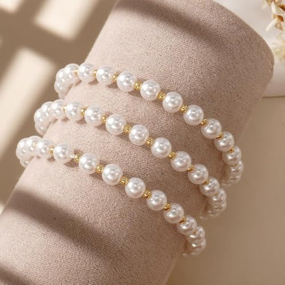 14K Gold Plated Beaded 3Pcs Stack Bracelets for Women, Dainty Trendy Freshwater Stackable Pearl Paperclip Cross Chain Gold Balls Stretch Accessories Jewelry Vacation Gift - color: pearl