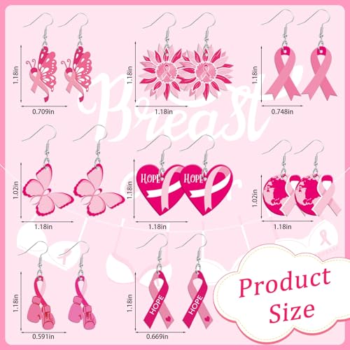 8 Pairs Breast Cancer Awareness Acrylic Earring for Women | Pink Ribbon Dangle Earrings, Breast Cancer Awareness Jewelry Gifts Activities Accessories, Lightweight Acrylic, Double Side - style: Breast Cancer Awareness