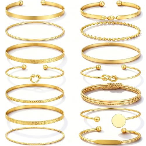 FAXHION Gold Bangle Bracelets for Women, 14 Pcs Multi Layer Stackable Bangle Set, 14K Gold Plated Textured Chunky Bracelets Boho Jewelrys Set - style: Gold A-14 pcs