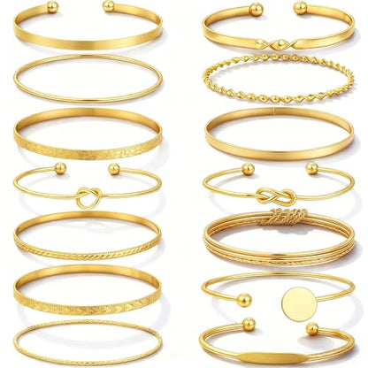FAXHION Gold Bangle Bracelets for Women, 14 Pcs Multi Layer Stackable Bangle Set, 14K Gold Plated Textured Chunky Bracelets Boho Jewelrys Set - style: Gold A-14 pcs