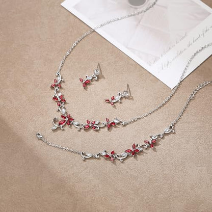 Crysdue Flower Leaf Wedding Jewelry Set for Bridal Bridemaid, Cubic Zirconia Teardrop Elegant Silver/14K/Rose Gold Plated Vine Necklace Dangle Earrings for Prom Party - style: B_Three Set Red