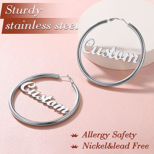 FindChic Hoop Earrings for Women, Silver/Black/14K Gold Plated Hypoallergenic Hollow Round Tube Loop Earrings, 20mm/30mm/40mm/60mm/80mm Chunky Hoops with Custom Name Options & Gift Box - color: e.Silver (Custom Name), size: 80MM