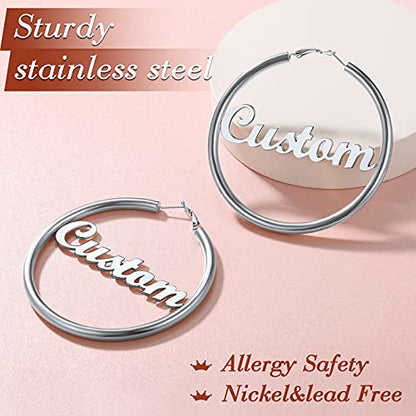 FindChic Hoop Earrings for Women, Silver/Black/14K Gold Plated Hypoallergenic Hollow Round Tube Loop Earrings, 20mm/30mm/40mm/60mm/80mm Chunky Hoops with Custom Name Options & Gift Box - color: e.Silver (Custom Name), size: 80MM