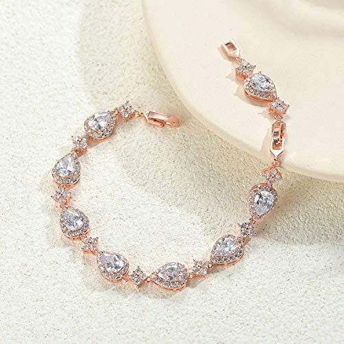 SWEETV Wedding Teardrop Bracelets for Brides Bridesmaids, Crystal Cubic Zirconia Bridal Bracelets for Women Prom - color: Rose Gold