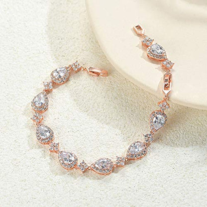 SWEETV Wedding Teardrop Bracelets for Brides Bridesmaids, Crystal Cubic Zirconia Bridal Bracelets for Women Prom - color: Rose Gold