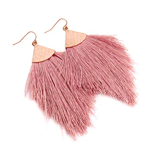 Bohemian Silky Thread Fan Fringe Tassel Statement Earrings - Lightweight Strand Feather Shape Dangles - color: Feather Fringe - Dusty Pink