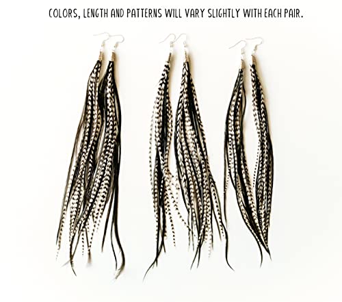 Bohemian handmade long lightweight feather dangle earrings for women - color: Black & Grizzly