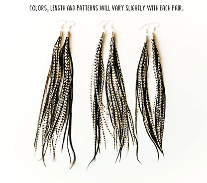 Bohemian handmade long lightweight feather dangle earrings for women - color: Black & Grizzly