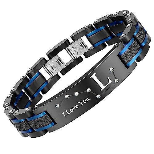 Men's Bracelet, Black and Blue Ion Stainless Steel, Initial Curved Plate, Gift for Boyfriend, Husband, Father, Comes with Gift Box - color: blue-blackL