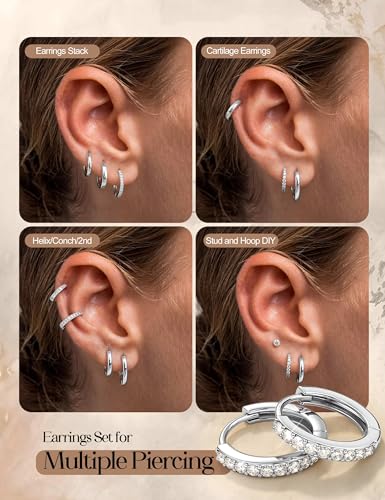 Jstyle Small Gold Hoop Earrings for Women, CZ/Plain Hoops Earring Stacks | Hypoallergenic Earing Hoops for Sensitive Ears, Secure Clasps, Huggie Earrings Stack Set for Cartilage, 14K Gold/Silver/Black - color: Silver Tone