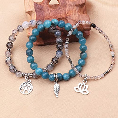 Tree of Life Yoga Healing Stone Bracelets,Multilayer Lotus Chakra Stone Reiki Bracelet Sets,Anxiety Crystal Natural Stone,for Women Stress Relief - style: Dragon's Vein Agate+apatite