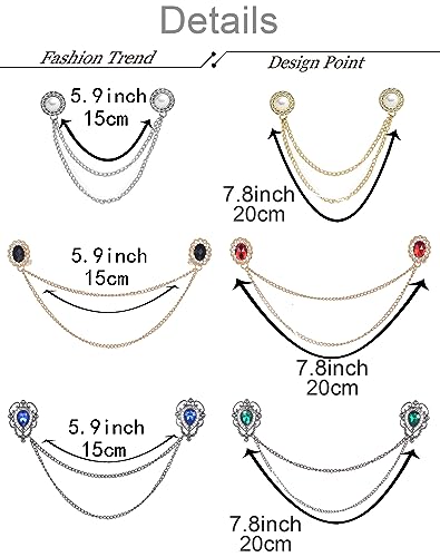 6 Pcs Antique Sweater Shawl Clip Chain Renaissance Style Rose Bowknot Brooch Flowers Wings Heart Cardigan Pin Gold sliver For Woman Men - style: D:6Pcs(Cubic Zirconia)