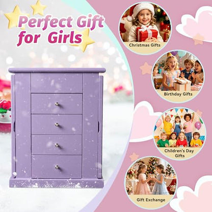 Emfogo Jewelry Box for Girls, Musical Jewelry Box with Spinning Dancer Gifts for Little Girls Christmas New Year Birthday Children's Day, 5 Layer Large Wooden Kids Music Jewelry Organizer Box(Purple) - color: Purple