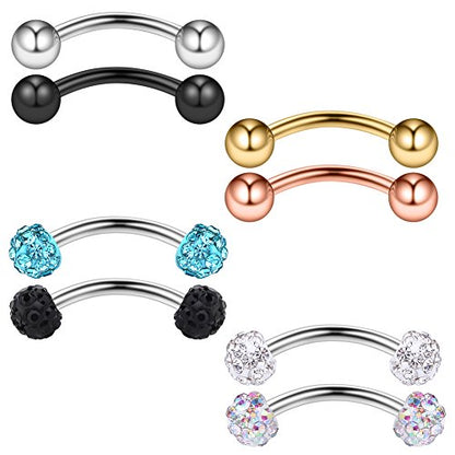 Ruifan 8PCS 20G Crystal Ferido & Shiny Ball Curved Barbell Eyebrow Ear Ring Body Piercing Jewelry 8mm 10mm - style: 8PCS - 8mm Mix Color