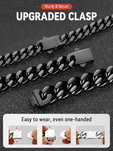 FaithHeart Cuban Link Bracelet for Men, Silver/Black/14K Gold Plated Stainless Steel Wrist Link Hip Hop Chain Bracelets, 5mm/7mm/9mm/12mm Width, 7.5"/8.3"/9" Length, with Gift Box - color: Black-05mm Width, size: Length 8.3 Inches