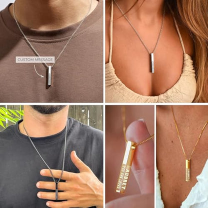 Personalized 3D Vertical Bar Necklace, Custom Necklace Engraved with Any Name Pendant Jewelry Mothers Day Gift - color: Rose Gold-Style 2