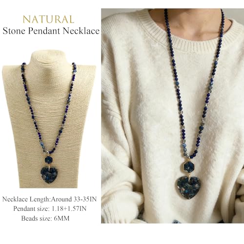 Yomisa Long Necklaces for Women Trendy, 33/34/35 inch | Boho Beaded Necklaces for Women, Natural Stone Pendant, Handmade Knotted Bead, Bohemian Holiday Summer Western Charm Jewelry - color: Love-Lapis Lazuli