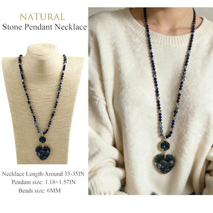 Yomisa Long Necklaces for Women Trendy, 33/34/35 inch | Boho Beaded Necklaces for Women, Natural Stone Pendant, Handmade Knotted Bead, Bohemian Holiday Summer Western Charm Jewelry - color: Love-Lapis Lazuli