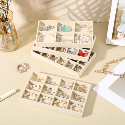 Jewelry Organizer Trays Set of 9, Velvet Lined Stackable Jewelry Trays for Drawers with Adjustable Dividers, Earring Organizer Storage, Beige 8.3 x 4.9 x 1 Inches