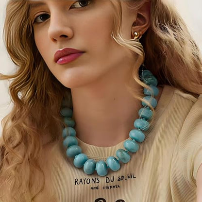 Chunky Beaded Statement Necklace for Women, Colorful Rondelle Bead, Bohemian Style, Adjustable Length, Summer Beach Accessory - color: sapphire blue