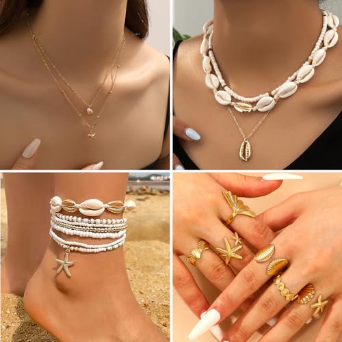 Boho Beach Jewelry Sets for Women | Summer Seashell Starfish Accessories, Necklace, Earrings, Rings Anklet - style: 22pcs Beach Set