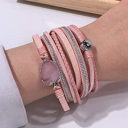 Artilady Leather Wrap Bracelet for Women, Pearl Beaded Bangle Stack Jewelry | Easy on-off, Elegant Handmade Multi-Layered, Daily Casual Date Beach Vacation, Gift for Ladies, Mother, Sister & Friend - style: Pink