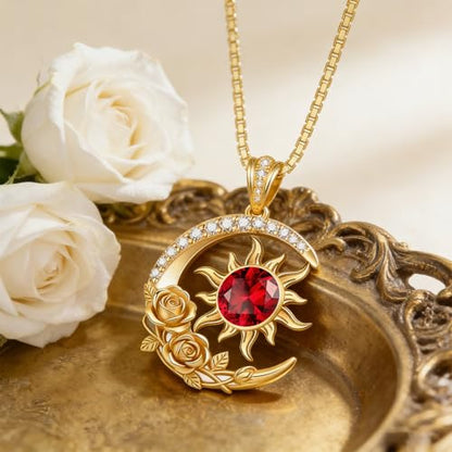 Midari 18K Yellow Gold Sun Moon Star Pendant Rose Flower Necklaces I Love You Forever Sun Moon Jewelry Gift for Mother Women - color: 01-Jan-Garnet, style: Sun&Moon