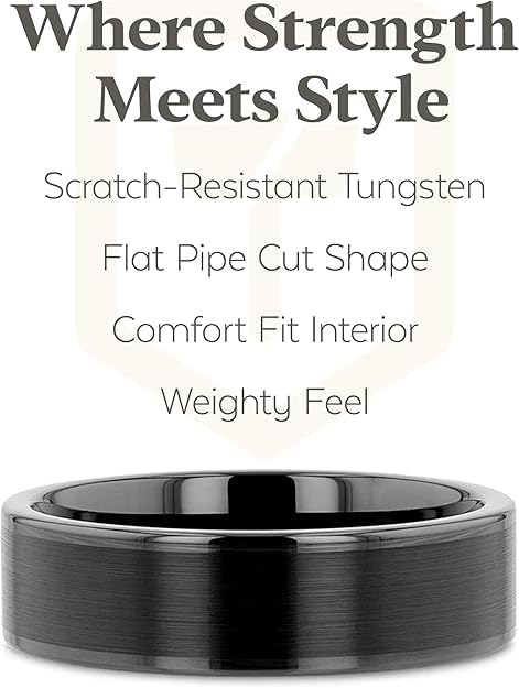 Thorsten Vulcan Black Tungsten Carbide Men’s Wedding Ring – Flat Matte Brushed Finish with Polished Edges – Comfort Fit Wedding Band – Durable and Stylish Ring for Him with FREE Silicone Ring