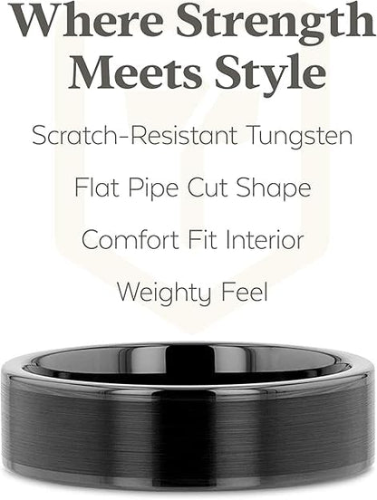 Thorsten Vulcan Black Tungsten Carbide Men’s Wedding Ring – Flat Matte Brushed Finish with Polished Edges – Comfort Fit Wedding Band – Durable and Stylish Ring for Him with FREE Silicone Ring