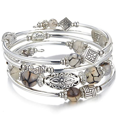 BULINLIN Layered Wrap Bangle Turquoise Bracelet - Bead Bracelet with Natural Agate Stone, Gifts For Women - color: 03-Grey leopard