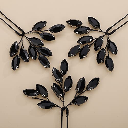 Teyglen 3pcs Bridal Crystal Hair Pins Rhinestones Hair Pieces Simple Black Crystal Wedding Hair Pins Handmade Hair Accessories for Women Bride Girls (Black) - color: Black