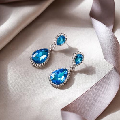 EVER FAITH Women's Austrian Crystal Wedding Tear Drop Dangle Earrings | Bridal Prom Jewelry for Bride Bridesmaid - color: Sea Blue