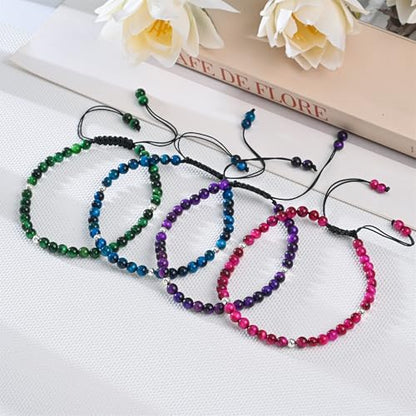 Natural Stone&925 Sterling Silver/18K Gold Anklet,│4MM│9-12 in│, Hand Woven, Adjustable Size - color: 925 Sterling Silver&Greener Tiger's Eye，4MM