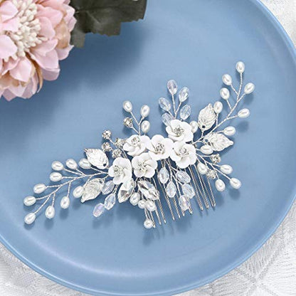 Unicra Flower Bride Wedding Hair Comb Leaf Silver Bridal Headpiece Pearl Hair Accessories Crystal Hair Piece Jewelry for Women (A Silver) - color: A Silver