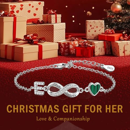 925 Sterling Silver Adjustable Letter Bracelets Infinity Heart Emerald Charm Link Bracelet ，Personalized Charm Alphabet Jewelry Valentines Christmas Mother’s Day Birthday Gifts - color: E