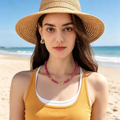Beaded Necklaces for Women Boho Colorful Bead Choker Necklace Natural Gemstone Handmade Summer Beach Layering Necklace Jewelry Gift for Women - color: Rose Pink
