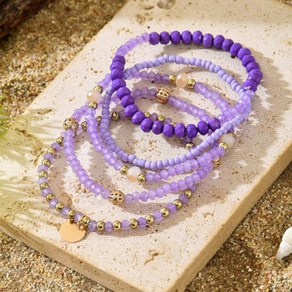 Bohemian Handmade Crystal Seed Beads Disc Pendant Colorful Multilayered Elastic Bracelets Stackable Stretch Strand Bangles Friendship Summer Beach Jewelry for Women - color: purple