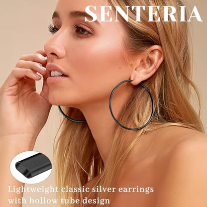 Senteria 2mm Thin 925 Sterling Silver Hoop Earrings for Women Hypoallergenic - color: black 30mm