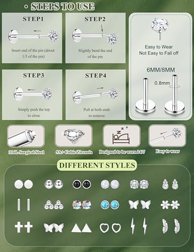 YADOCA 18Pairs Hypoallergenic Threadless Flat Back Earrings for Women 20G | Surgical Steel Push in Nose Stud Rings Labret Cartilage Lip Rings Medusa Nostril Conch Tragus Piercing Jewelry - color: A:Stud, size: 20G-6MM