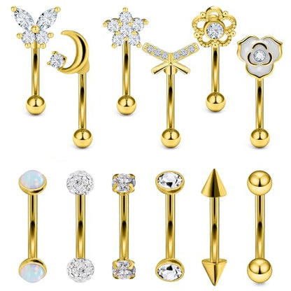 Rook Daith Piercing Jewelry 16G Stainless Surgical Steel Curved Barbell Eyebrow Rings Vertical Labret Lip Piercing Jewelry Rook Daith Earrings for Women Men 6MM 8MM 10MM Hypoallergenic - color: Gold Tone
