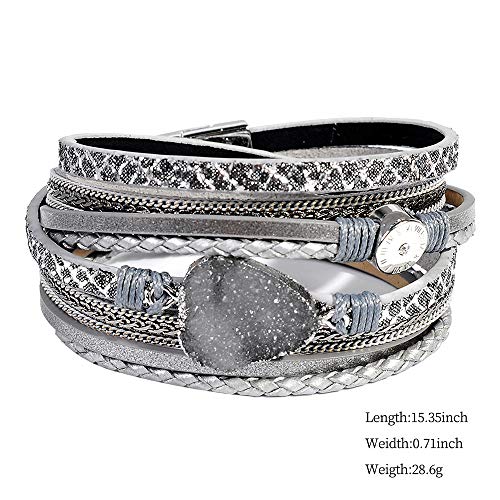 Artilady Leather Wrap Bracelet for Women, Pearl Beaded Bangle Stack Jewelry | Easy on-off, Elegant Handmade Multi-Layered, Daily Casual Date Beach Vacation, Gift for Ladies, Mother, Sister & Friend - style: Grey with druzy