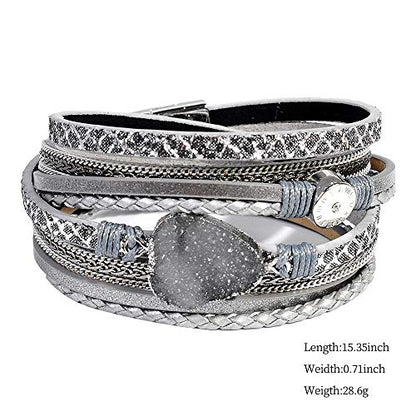 Artilady Leather Wrap Bracelet for Women, Pearl Beaded Bangle Stack Jewelry | Easy on-off, Elegant Handmade Multi-Layered, Daily Casual Date Beach Vacation, Gift for Ladies, Mother, Sister & Friend - style: Grey with druzy