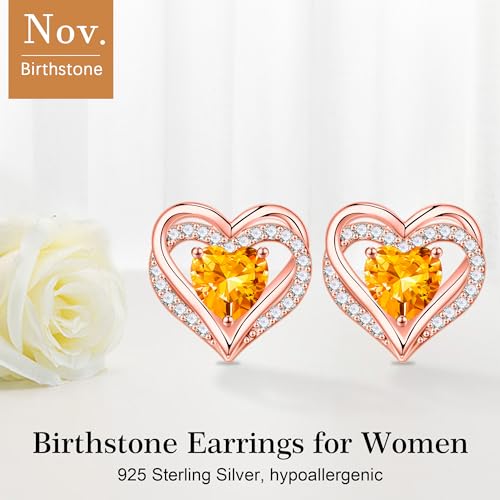Iefil Birthstone Earrings for Women - 925 Sterling Silver Heart Stud Earrings Birthday Gifts for Women - color: Rose-Gold-Plated-11-Nov-Created Citrine