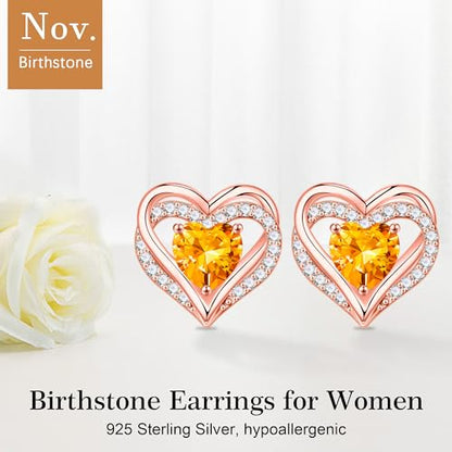 Iefil Birthstone Earrings for Women - 925 Sterling Silver Heart Stud Earrings Birthday Gifts for Women - color: Rose-Gold-Plated-11-Nov-Created Citrine