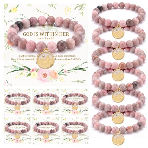 12 Set Religious Gift for Her God Is Within Her She Will Not Fall Mustard Seed Natural Stone Beads Bracelet with Cards Bible Verse Bracelet Gift for Women Sister