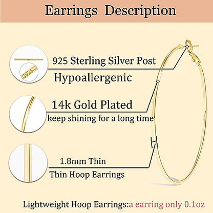 Cocadant Big Gold Hoop Earrings for Women Girls,Dainty 14k Gold Hypoallergenic Rose Gold Silver Hoop Earrings with 925 Sterling Silver Post,Stainless Steel Large Hoop Earrings - style: 50mm-Gold,Silver and Rose gold
