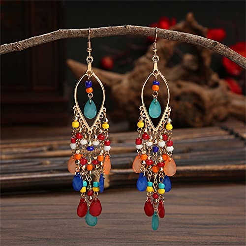 Essencedelight Crystal Beaded Tassel Earring Long Beaded Dangle Earring Fringe Hook Earring for Women Bridal Wedding - color: mixed color